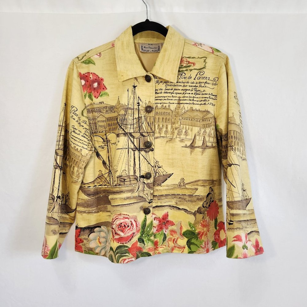 Vintage NEW DIRECTION Art To Wear Novelty Printed Coastal Yellow Jacket Size M.